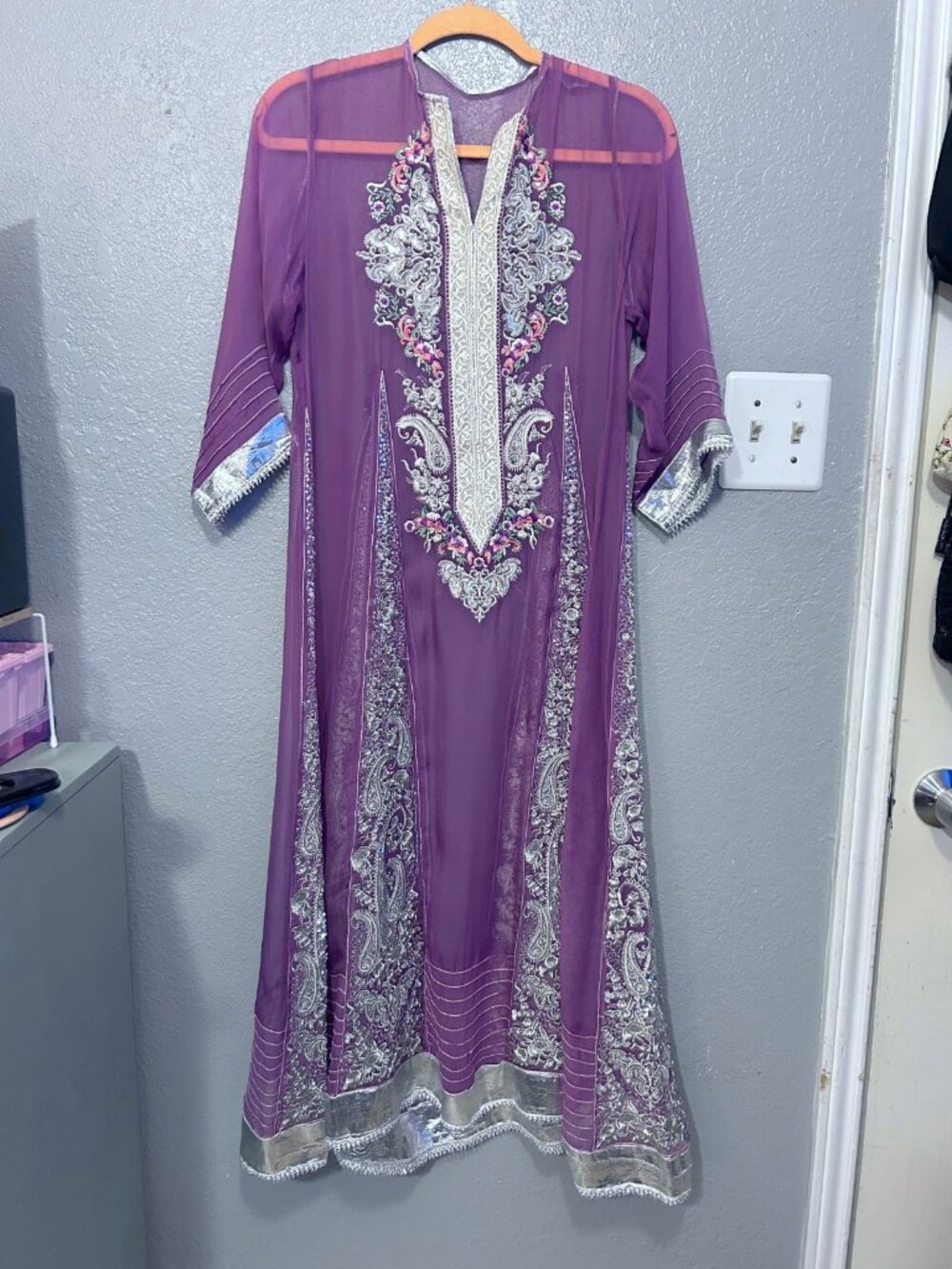 Purple Silver Embroidered Sheer Chiffon Kaftan Maxi Dress Gown Abaya Caftan Boho - Picture 2 of 8